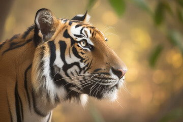 a close up of a bengal tiger's face in a forest. Created with Generative AI Technology	

