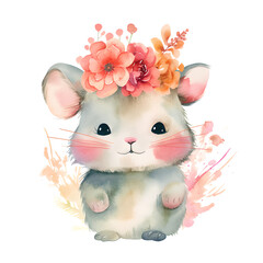 watercolor mouse with flowers