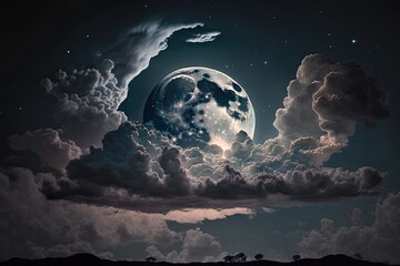 Naklejka na ściany i meble full moon with clouds and stars in the night sky. Generative AI