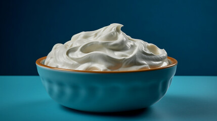 bowl of sour cream on blue background