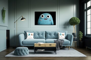 cozy living room with a blue couch and an abstract painting on the wall. Generative AI