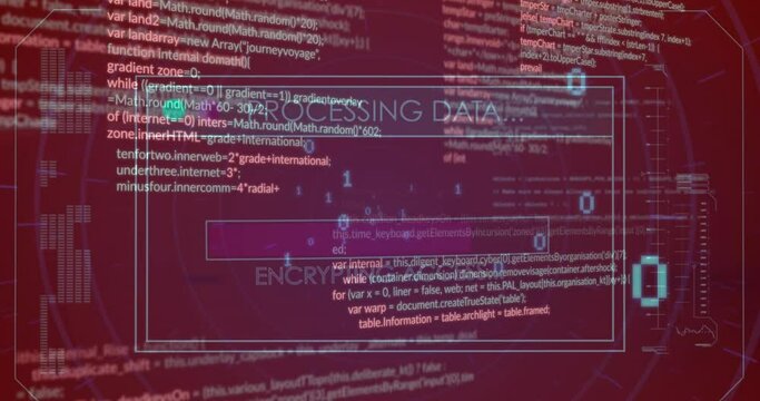 Animation of texts with loading bars over computer language and binary codes on abstract background