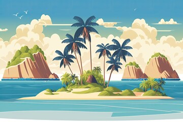 Fototapeta na wymiar sunny tropical island with palm trees and clear blue water. Generative AI