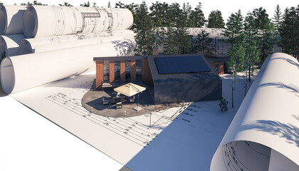 Naklejka na ściany i meble Entwurf eines modernen Gebäudes mit Photofoltaik und Aussenterrasse - 3D Visualisierung
