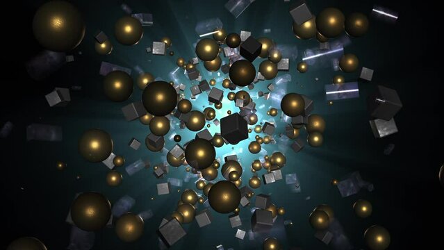 Abstract animated background. different silver and gold cubes and spheres 