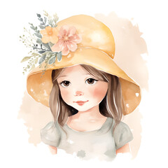 watercolor little girl with flowery hat