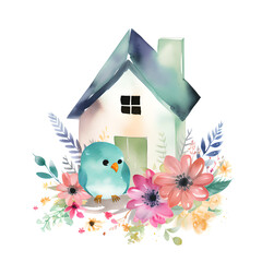 watercolor bird house with flowers and bird