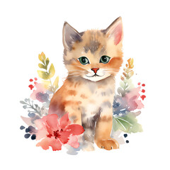 watercolor kitten with flowers