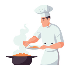 Chef cooking gourmet meal in commercial kitchen