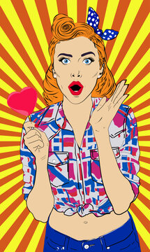 WOW! Very surprised or shocked woman with head shape lollipop, dressed in pinup style. Retro fashion and vintage concept vector illustration.