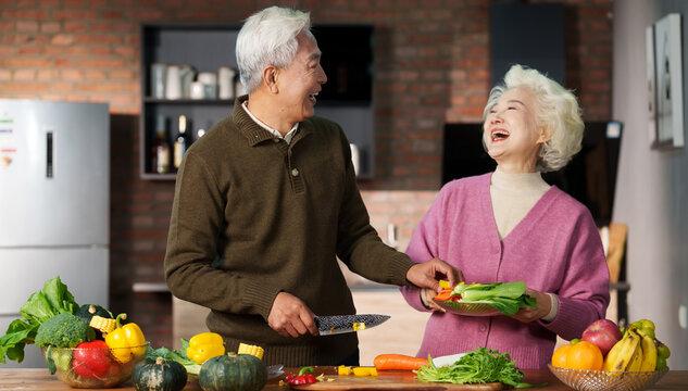 Elderly couple in the kitchen cooking