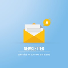 Newsletter. Illustration of email marketing. subscription to newsletter, news, offers, promotions. a letter and envelope. subscribe, submit. send by mail.	