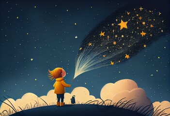 shooting stars at the sky blue and yellow calming colors, children book illustration. Generative AI