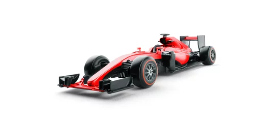 Abwaschbare Fototapete F1 Race car and driver angled view isolated on white background. 3D Rendering