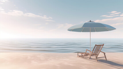 A serene beach setting with a peaceful ocean horizon, a warm breeze, and a minimalist beach chair and umbrella, evoking a sense of calm and simplicity
