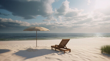A serene beach setting with a peaceful ocean horizon, a warm breeze, and a minimalist beach chair and umbrella, evoking a sense of calm and simplicity
