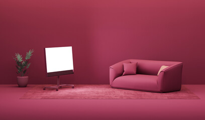 Viva magenta is a trend colour year 2023 in the living room. Projection screen and audience chairs. Creative interior design in Viva magenta background. 3D Rendering	
