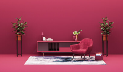 Viva magenta is a trend colour year 2023 in the living room. Interior of the room in plain monochrome viva magenta color with furnitures and chair, plant pot. 3d render	
