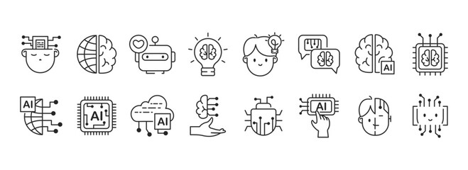 Fototapeta na wymiar artificial intelligence icon set in minimal outline style. Future technology, neural network, machine learning, machine learning, and cloud computing network. Ai vector isolated icons collection.