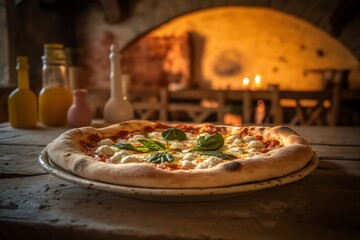 Delicious pizza with mozzarella on a wooden board, Generative AI