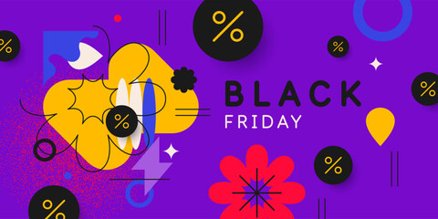 Black Friday sale banner. Bright abstract background with various geometric elements. A composition of various shapes.