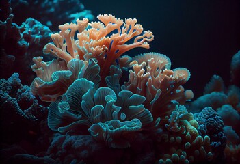 Fototapeta na wymiar corals of marine aquarium. Flower sea living coral and reef color under deep dark water of sea ocean environment. Generative AI