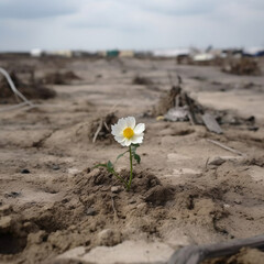 A beautiful flower without any branches growing in an empty, wet, muddy, rainy area where there is no signs of plant life, symbolizing resilience and strength in the face of obstacles.