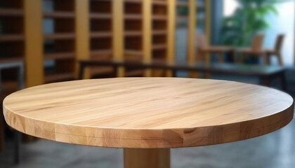 Empty beautiful round wood table  top counter on  interior in clean and bright with shadow...