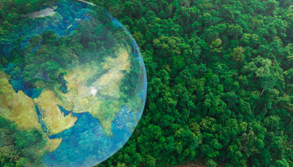 Fototapeta na wymiar Atmospheric aerial view of the green forest with the earth Demonstrate the concept of preserving the top ecosystem and natural environment and Save Earth.