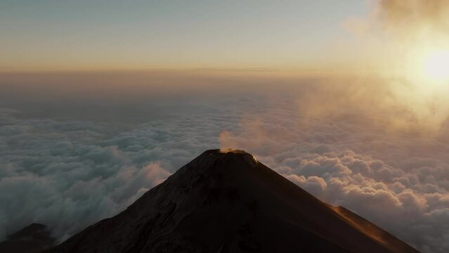 Aerial of Active fuego volcano in Guatemala during sunrise