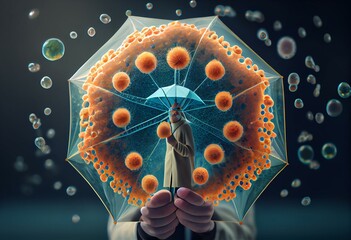 Medical cure concept and disease prevention as a doctor holding an umbrella representing protection from illness and contagious pathogen cells as a health care metaphor for researching. Generative AI
