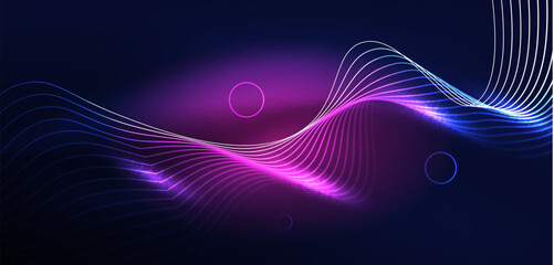 Neon laser lines, circles waves abstract background. Neon light or laser show, electric impulse, power lines, techno quantum energy impulse, magic glowing dynamic lines
