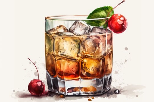 refreshing drink with ice and cherry garnish in a glass. Generative AI