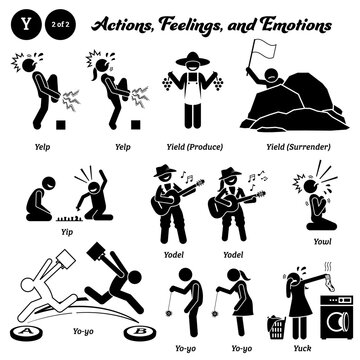 Stick figure human people man action, feelings, and emotions icons alphabet Y. Yelp, yield, produce, surrender, yip, yodel, yowl, yo-yo, and yuck.