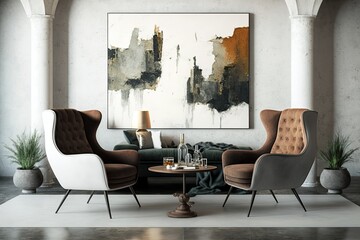 cozy living room with tasteful furniture and an attractive painting on the wall. Generative AI
