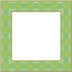 Antique tile frame green round curve spiral cross vine flower