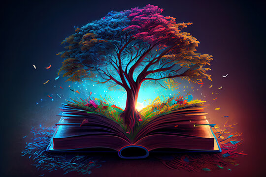 Open magic book of life, knowledge, wisdom. Fantasy, nature or learning concept with heart shaped tree. Generative Ai