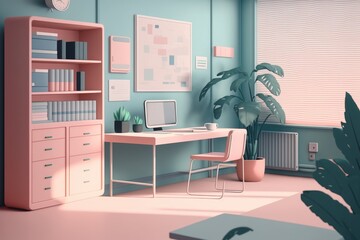 n office desk with computer and supplies. Generative AI