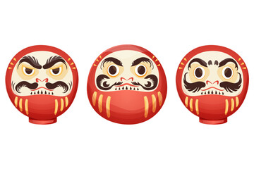 Daruma red traditional japan doll talisman with angry face, geld elements in cartoon style isolated on white background.