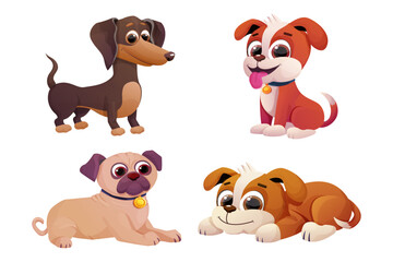 Set Puppy cute dog child, pets with adorable tail in comic cartoon style isolated on white background. Collection Emotional characters