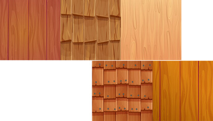 Set wooden material, textured surface wood comic background in cartoon style. Wall, panel for game, ui design