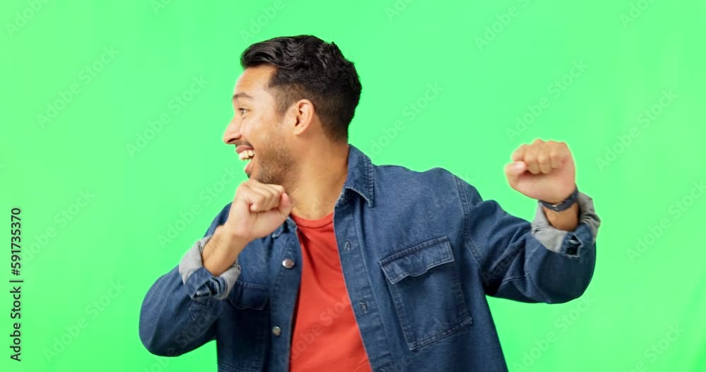 Canvas Prints Happiness, dance and man portrait in green screen excited with music and smile. Isolated, studio background and happy male model with celebration, energy and dancing with freedom and hip hop move