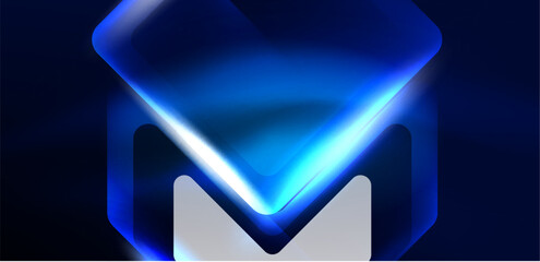 Blue neon speed arrow and line shapes background. Hi-tech concept with shiny backdrop. Bright flare light effect in the dark