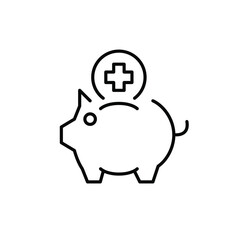 Healthcare plan economy. Medical insurance shopping. Coin with cross and piggy bank. Pixel perfect, editable stroke icon