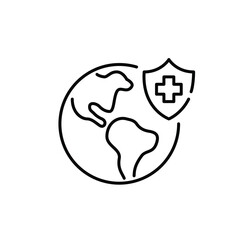 Medical insurance with global coverage. Earth globe, cross on a shield. Pixel perfect, editable stroke icon