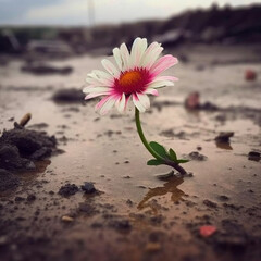 A beautiful flower without any branches growing in an empty, wet, muddy, rainy desert area where there is no signs of plant life, symbolizing resilience and strength in the face of obstacles.