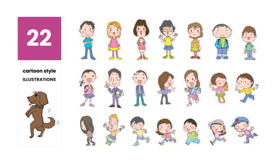 collection of 22 cartoon style illustrations of children, character expressions in vector