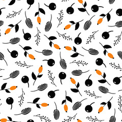 Vector pattern with black berries and leaves. Rosehip with black currants. Wild forest berries. 