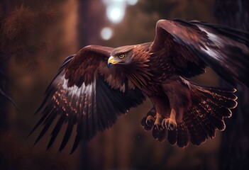 a majestic brown eagle suddenly flew out of the trees, its piercing call echoing through the air. Generative AI