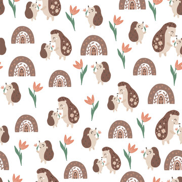 Hedgehog stylized line is a fun seamless picture for kids and babies. Cute Hedgehog fabric design for textile linen and scandinavian simple style clothing.